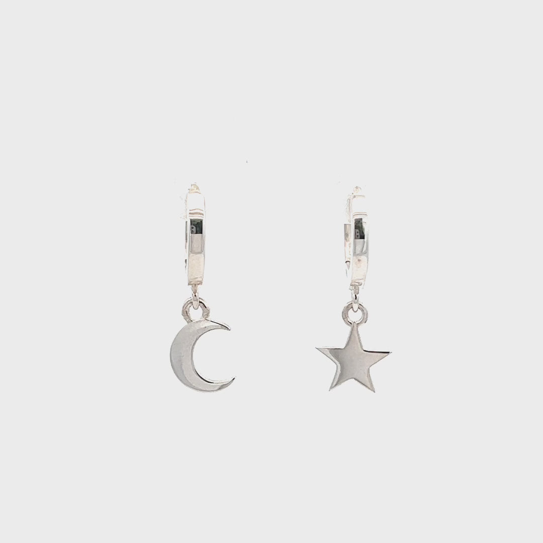 Sterling Silver Star and Moon Huggie Hoop Earrings