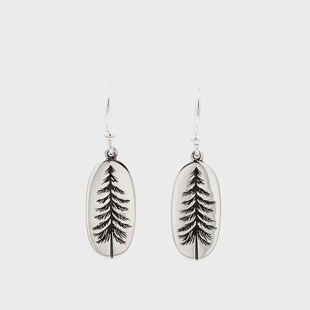 Sterling Silver Oval Pine Tree Dangle Earrings