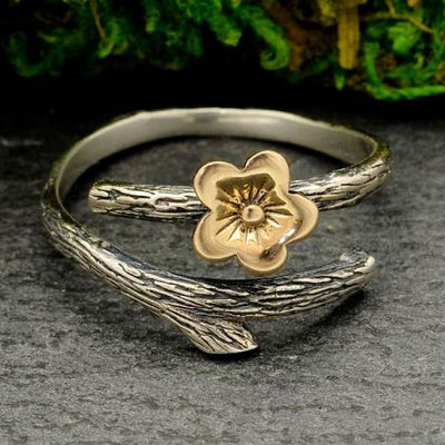 Sterling Silver Branch Ring with Bronze Cherry Blossom - Adjustable