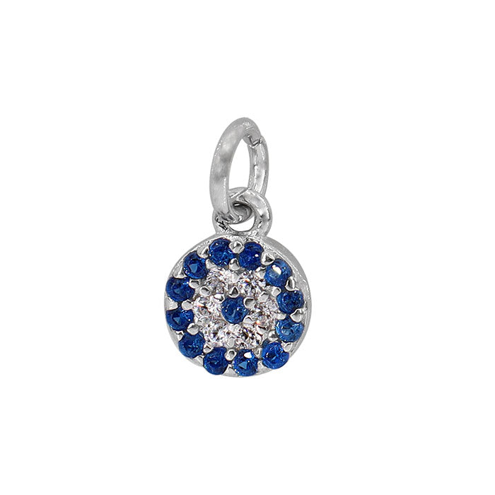 Angled view of a round sterling silver charm set with blue and white cubic zirconia, showing its side profile and attached jump ring.