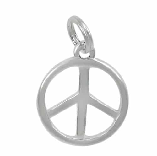 Angled view of a sterling silver peace sign charm with an attachment ring.
